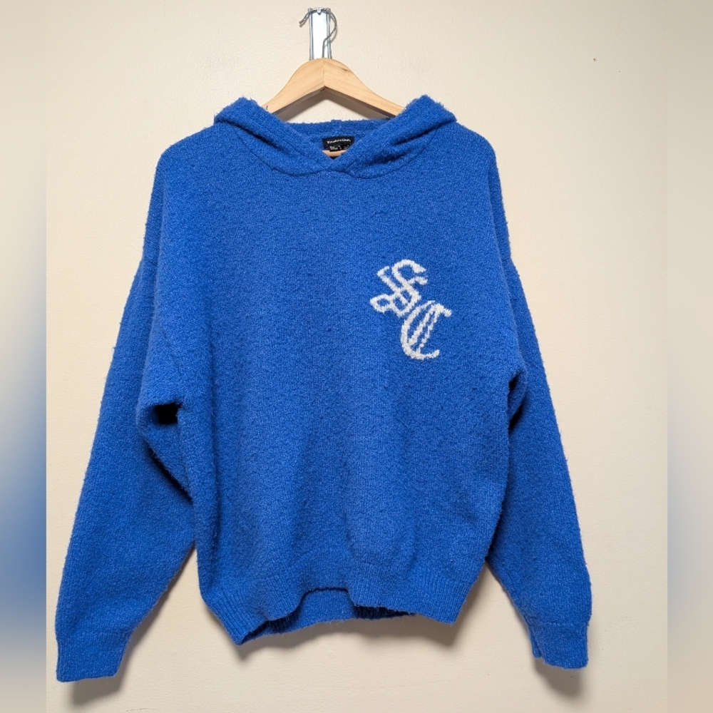 Standard Cloth Blue Fuzzy Knit Hoodie Medium Monogram Logo